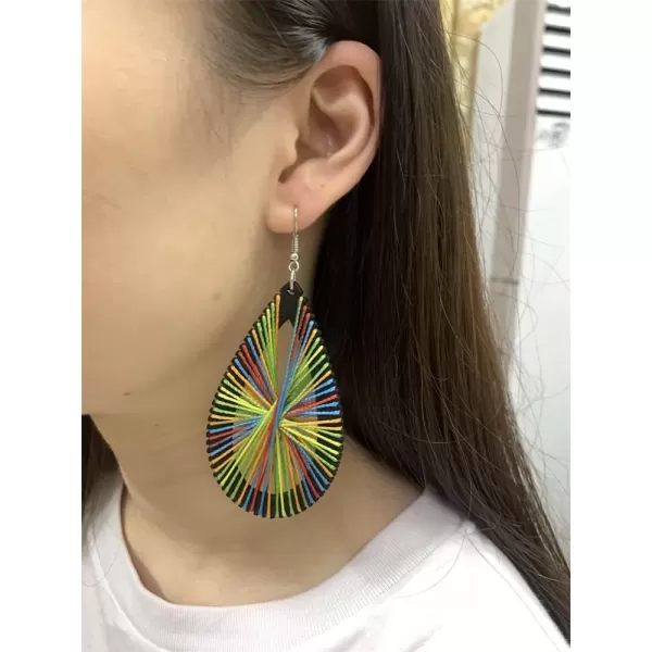 imageBoho Wooden Teardrop with Colorful Cotton Statement Drop Dangle Earrings for Women Vintage Handmade Big Black Wood Lightweight Ethnic Bohemian Jewelry