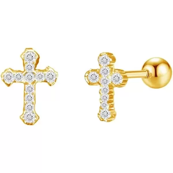 imageCZ Cross 20g Barbell Ball Stud Sterling Silver Earrings for Women Girls Cubic Zirconia Tiny Small Studs Cartilage Tragus 4mm Bead Screw Back Hypoallergenic Thin Faux Piercing Body Gold Plated 1