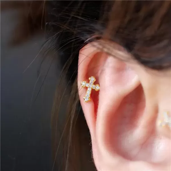imageCZ Cross 20g Barbell Ball Stud Sterling Silver Earrings for Women Girls Cubic Zirconia Tiny Small Studs Cartilage Tragus 4mm Bead Screw Back Hypoallergenic Thin Faux Piercing Body Gold Plated 1