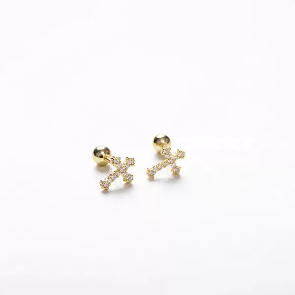 imageCZ Cross 20g Barbell Ball Stud Sterling Silver Earrings for Women Girls Cubic Zirconia Tiny Small Studs Cartilage Tragus 4mm Bead Screw Back Hypoallergenic Thin Faux Piercing Body Gold Plated 1