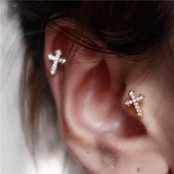 imageCZ Cross 20g Barbell Ball Stud Sterling Silver Earrings for Women Girls Cubic Zirconia Tiny Small Studs Cartilage Tragus 4mm Bead Screw Back Hypoallergenic Thin Faux Piercing Body Gold Plated 1