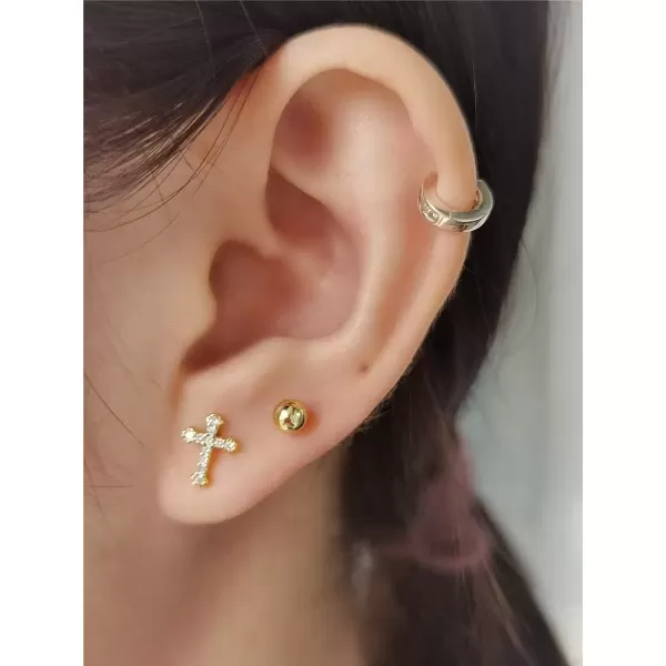 imageCZ Cross 20g Barbell Ball Stud Sterling Silver Earrings for Women Girls Cubic Zirconia Tiny Small Studs Cartilage Tragus 4mm Bead Screw Back Hypoallergenic Thin Faux Piercing Body Gold Plated 1