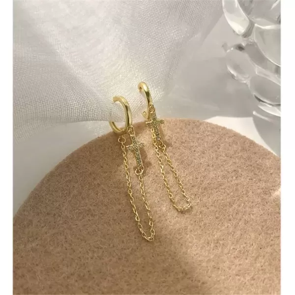 imageCross Long Chain Dangle Hoop Earrings for Women Girls 925 Sterling Silver Tassel Drop Huggie Small Hoop Cartilage Studs Clip Hypoallergenic Holiday Jewelry