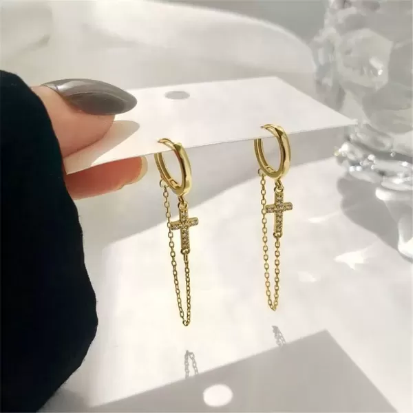 imageCross Long Chain Dangle Hoop Earrings for Women Girls 925 Sterling Silver Tassel Drop Huggie Small Hoop Cartilage Studs Clip Hypoallergenic Holiday Jewelry