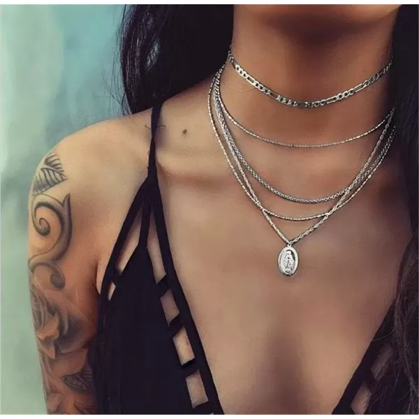 imageDtja 5 Layer Miraculous Madonna Necklace for Women Girls Men Vintage Oval Metal Medallion Layered Choker Medal Cross Blessed Virgin Mary Geometric Pendant Necklaces Charm Chain Gift for Luck Pray