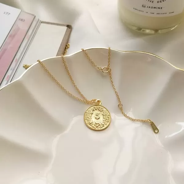 imageDtja Carved Coin Pendant Necklace for Women Girls 925 Sterling Silver Simple Round Chain Goddess Worship Celebrity Medal Reversible Keepsake Chic Choker Fashion Jewelry Gifts Box