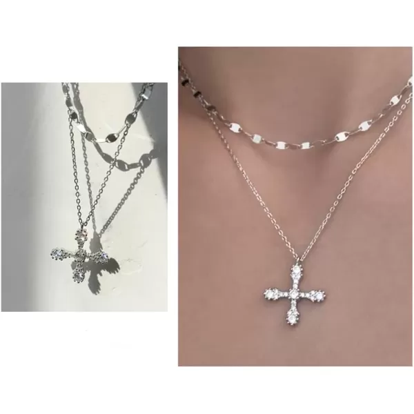 imageDtja Layered Crystal Cross Pendant Necklace for Women Girls 925 Sterling Silver Cubic Zirconia Minimalist Choker Charm Chain Fashion Elegant Jewelry Valentine Box