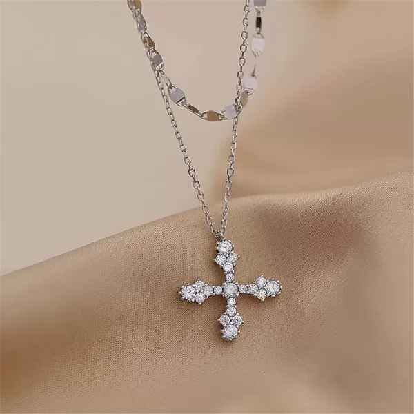 imageDtja Layered Crystal Cross Pendant Necklace for Women Girls 925 Sterling Silver Cubic Zirconia Minimalist Choker Charm Chain Fashion Elegant Jewelry Valentine Box