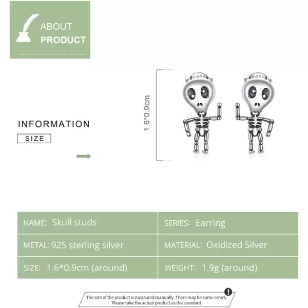 imageET Skull Stud Earrings for Women 925 Sterling Silver Vintage Skeleton Dangle Drop Cartilage Tragus Post Hypoallergenic Halloween Party Jewelry Unisex
