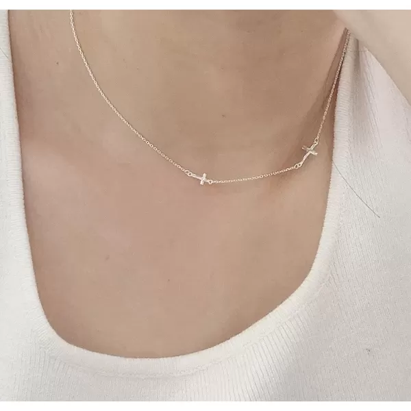 imageHammered Sideways Cross Choker Pendant Necklace for Women Girls 925 Sterling Silver White Gold Plated Dainty Simple Charm Link Chain Adjustable Fashion Jewelry Gift Box 18 inches