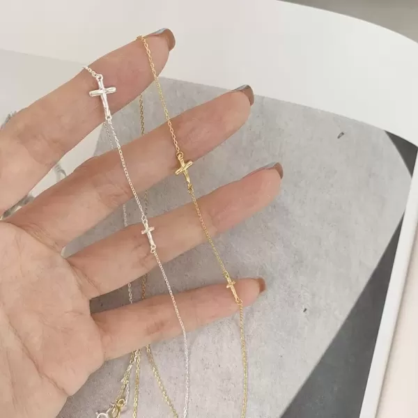 imageHammered Sideways Cross Choker Pendant Necklace for Women Girls 925 Sterling Silver White Gold Plated Dainty Simple Charm Link Chain Adjustable Fashion Jewelry Gift Box 18 inches