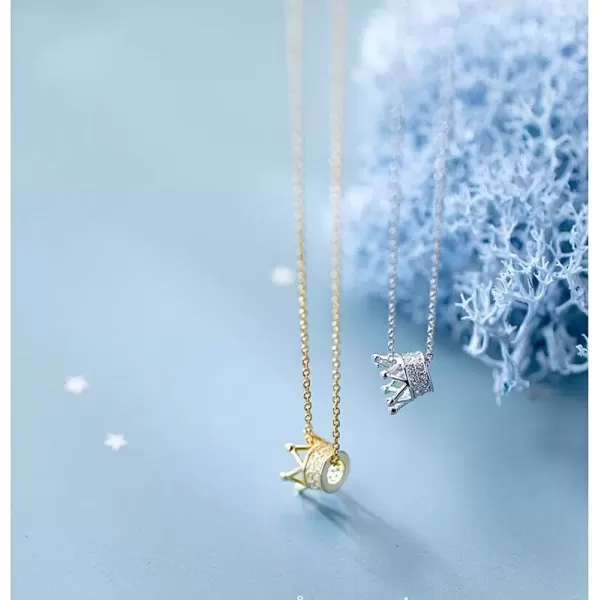imagePrincess Crown Charm Necklace for Women Girls 925 Sterling Silver Delicate Cute Crystal CZ Queen Royal Tiara Pendant Luck Choker 18quot Silver Chain Adjustable Dainty Wedding Jewelry Birthday Gift BoxGoldToned