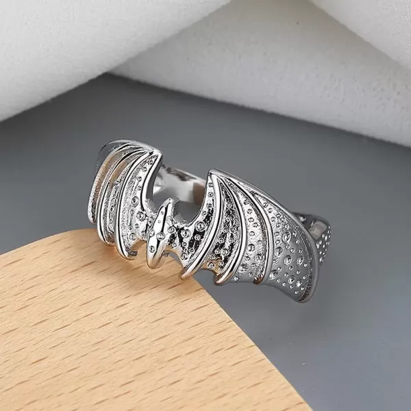 imageVintage Bat Ring for Women Girls Men Silvery Hammered Halloween Statement Adjustable Expandable Animal Statement Open Band Rings Comfort Fit Retro Cosplay Party Holiday Jewelry Gift