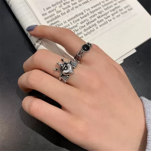 imageVintage Heart Crown Angel Wing Adjustable Open Wrap Ring for Women Girls 925 Silver Plated Retro Love Engagement Statement Expandable Finger Rings Comfort Fit Valentine Birthday Jewelry Gift Size 78
