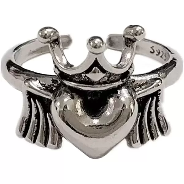 imageVintage Heart Crown Angel Wing Adjustable Open Wrap Ring for Women Girls 925 Silver Plated Retro Love Engagement Statement Expandable Finger Rings Comfort Fit Valentine Birthday Jewelry Gift Size 78