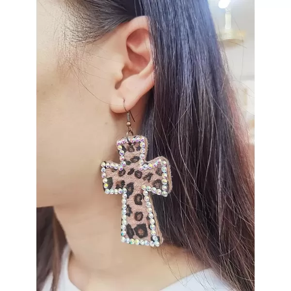 imageVintage Leather Cross Dangle Earrings for Women Leopard Print AB Crystal Statement Drop Dangling Hook Stud Earring Boho Lightweight Exaggerated Jewelry