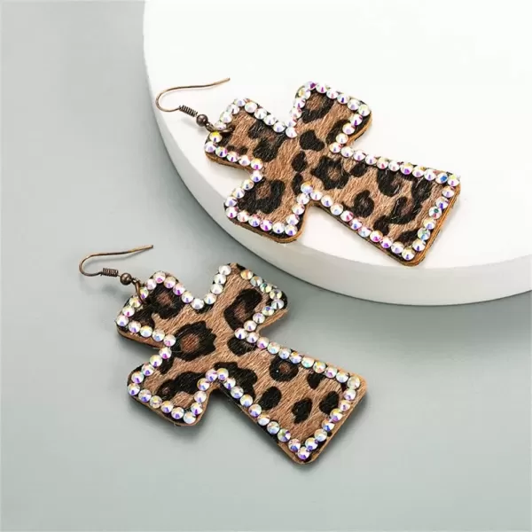 imageVintage Leather Cross Dangle Earrings for Women Leopard Print AB Crystal Statement Drop Dangling Hook Stud Earring Boho Lightweight Exaggerated Jewelry
