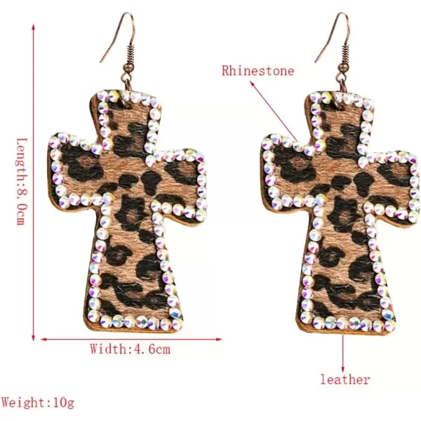 imageVintage Leather Cross Dangle Earrings for Women Leopard Print AB Crystal Statement Drop Dangling Hook Stud Earring Boho Lightweight Exaggerated Jewelry
