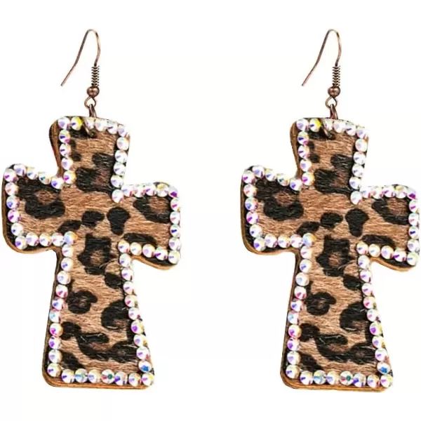 imageVintage Leather Cross Dangle Earrings for Women Leopard Print AB Crystal Statement Drop Dangling Hook Stud Earring Boho Lightweight Exaggerated Jewelry