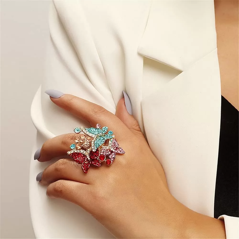 imageDtja 3 Crystal Butterfly Statement Ring for Women Gold Plated Big Colorful CZ Butterflies Flower Finger Rings Size 7 Comfort Fit Delicate Elegant Jewelry Wedding Birthday for Mom Sister Bridesmaids