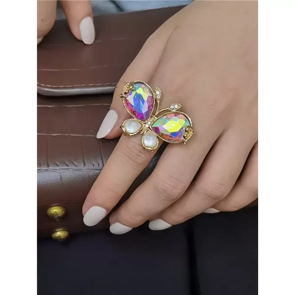 imageBig Butterfly Statement Ring for Women Girls Gold Antique Mosaic Crystal CZ Wedding Engagement Expandable Open Wrap Finger Rings Adjustable Comfort Fit Boho Indian Bollywood Style Exaggerated Y2K Jewelry