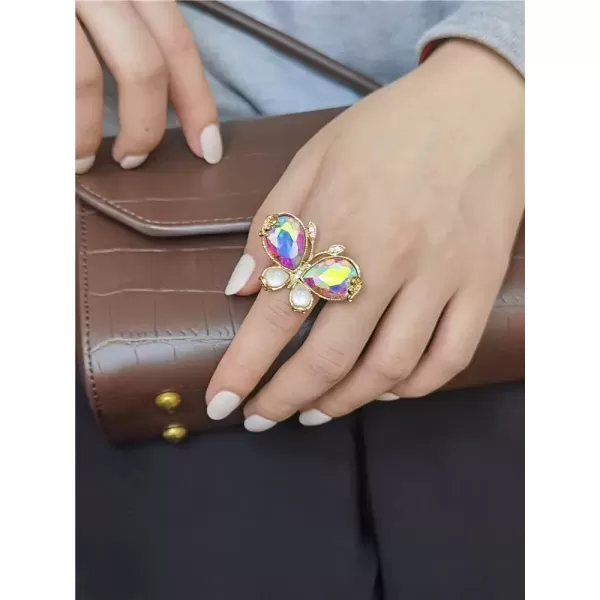 imageBig Butterfly Statement Ring for Women Girls Gold Antique Mosaic Crystal CZ Wedding Engagement Expandable Open Wrap Finger Rings Adjustable Comfort Fit Boho Indian Bollywood Style Exaggerated Y2K Jewelry