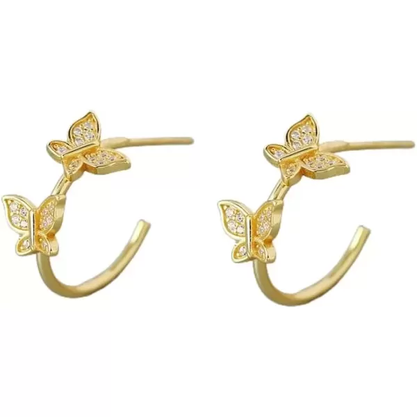 imageCZ Butterfly Open Small Hoop Piercing Ear Stud Earrings for Women 14K Gold Plated Hypoallergenic Cubic Zirconia Dainty Cute Butterflies Insect Earring Delicate Birthday Wedding Party Jewelry