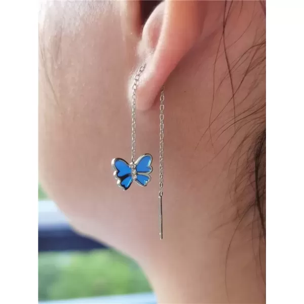 imageCrystal Butterfly Sterling Silver Earrings for Women Girls Hypoallergenic Tiny Small Threader Bar Stud Tassel Drop Dangle Cuff Cartilage Tragus Hypoallergenic Dainty Cute Jewelry Long Chain Blue
