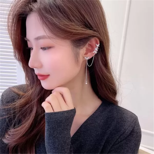 imageDainty Butterfly Cuff Earrings for Women Girls 925 Sterling Silver Post Pin Shell Pearl Chain Drop Dangle Cubic Zirconia Butterflies Ear Wrap Climber Crawler Fashion Birthday Wedding Jewelry Gift 1 Piece