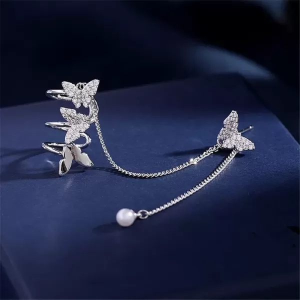 imageDainty Butterfly Cuff Earrings for Women Girls 925 Sterling Silver Post Pin Shell Pearl Chain Drop Dangle Cubic Zirconia Butterflies Ear Wrap Climber Crawler Fashion Birthday Wedding Jewelry Gift 1 Piece