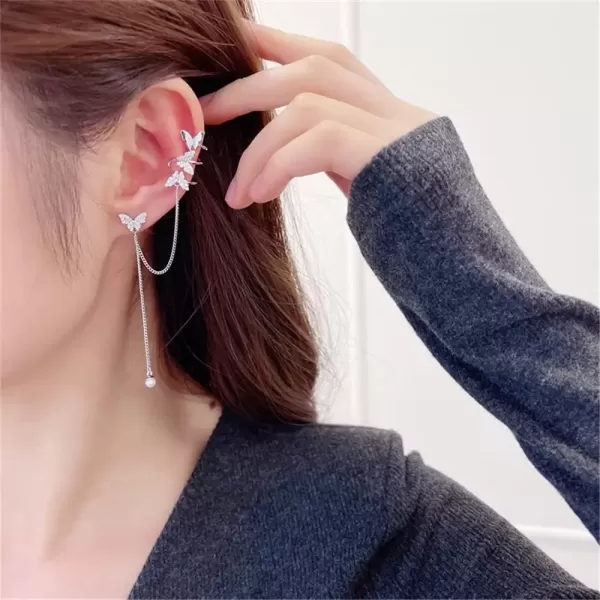 imageDainty Butterfly Cuff Earrings for Women Girls 925 Sterling Silver Post Pin Shell Pearl Chain Drop Dangle Cubic Zirconia Butterflies Ear Wrap Climber Crawler Fashion Birthday Wedding Jewelry Gift 1 Piece