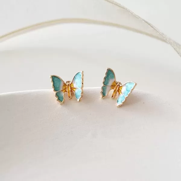 imageDainty Butterfly Stud Earrings for Women Teen Girls Sterling Silver Post Enameled Tragus Pierced Ear Lobe Handcrafted Aquamarine Blue Green Cute Elegant Vintage Style Trendy Jewelry Gifts