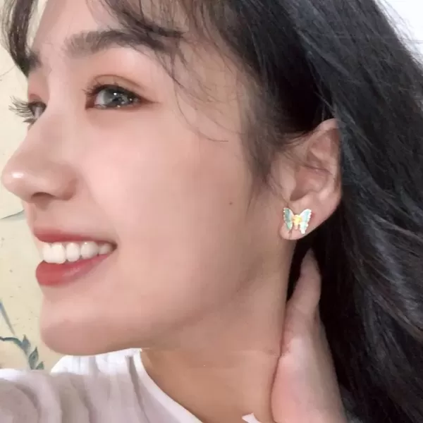 imageDainty Butterfly Stud Earrings for Women Teen Girls Sterling Silver Post Enameled Tragus Pierced Ear Lobe Handcrafted Aquamarine Blue Green Cute Elegant Vintage Style Trendy Jewelry Gifts