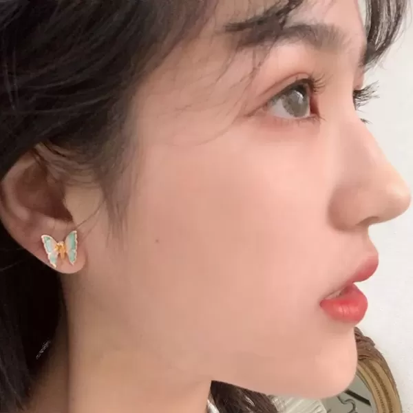 imageDainty Butterfly Stud Earrings for Women Teen Girls Sterling Silver Post Enameled Tragus Pierced Ear Lobe Handcrafted Aquamarine Blue Green Cute Elegant Vintage Style Trendy Jewelry Gifts