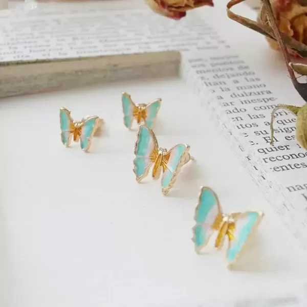 imageDainty Butterfly Stud Earrings for Women Teen Girls Sterling Silver Post Enameled Tragus Pierced Ear Lobe Handcrafted Aquamarine Blue Green Cute Elegant Vintage Style Trendy Jewelry Gifts