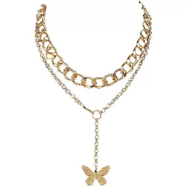 imageDtja 2 PCS Punk Butterfly Choker Y Necklaces Set for Women Gold Plated Big Layered Statement Link Chain Charm Pendant Necklaces Aesthetic Fashion Retro Y2K Jewelry