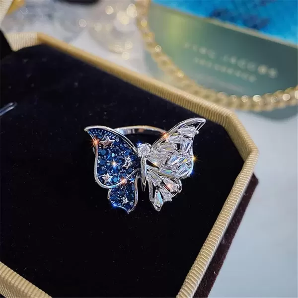 imageDtja Crystal Butterfly Star Silvery Statement Finger Rings for Women Blue CZ Luxury Sparkling Adjustable Comfort Fit Expandeble Wedding Engagement Promise Jewelry