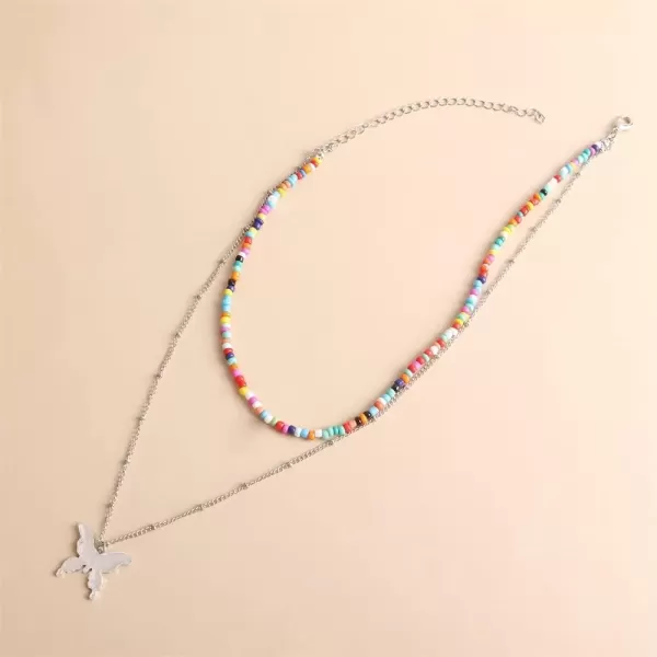 imageDtja Layered Butterfly Bead Choker Pendant Necklace for Women Silver Plated Polished Big Animal Boho Colorful Rainbow Beaded Seeds Chain Fashion Hawaiian Summer Beach Y2K Jewelry