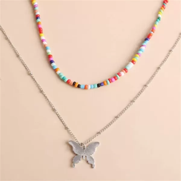 imageDtja Layered Butterfly Bead Choker Pendant Necklace for Women Silver Plated Polished Big Animal Boho Colorful Rainbow Beaded Seeds Chain Fashion Hawaiian Summer Beach Y2K Jewelry