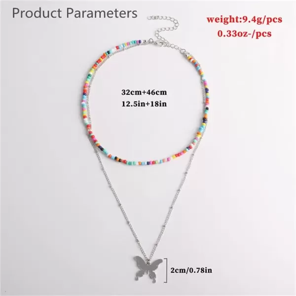 imageDtja Layered Butterfly Bead Choker Pendant Necklace for Women Silver Plated Polished Big Animal Boho Colorful Rainbow Beaded Seeds Chain Fashion Hawaiian Summer Beach Y2K Jewelry