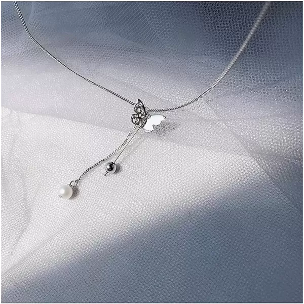 imageFiligree Butterfly Y Pendant Necklace for Women Girls Silver Plated Delicate Faux Pearl Ball Bead Tassel Drop Choker Necklaces Nickel Free Jewelry Birthday Wedding Gifts