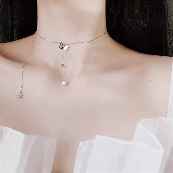 imageFiligree Butterfly Y Pendant Necklace for Women Girls Silver Plated Delicate Faux Pearl Ball Bead Tassel Drop Choker Necklaces Nickel Free Jewelry Birthday Wedding Gifts