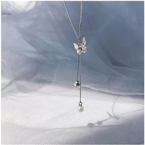 imageFiligree Butterfly Y Pendant Necklace for Women Girls Silver Plated Delicate Faux Pearl Ball Bead Tassel Drop Choker Necklaces Nickel Free Jewelry Birthday Wedding Gifts