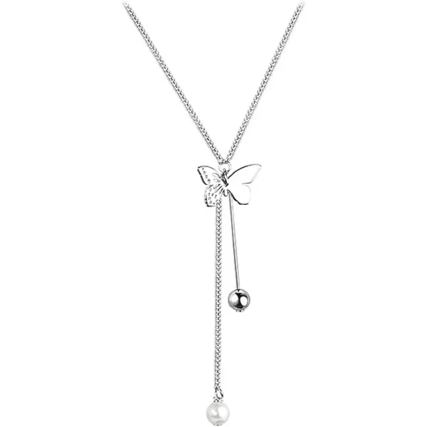 imageFiligree Butterfly Y Pendant Necklace for Women Girls Silver Plated Delicate Faux Pearl Ball Bead Tassel Drop Choker Necklaces Nickel Free Jewelry Birthday Wedding Gifts