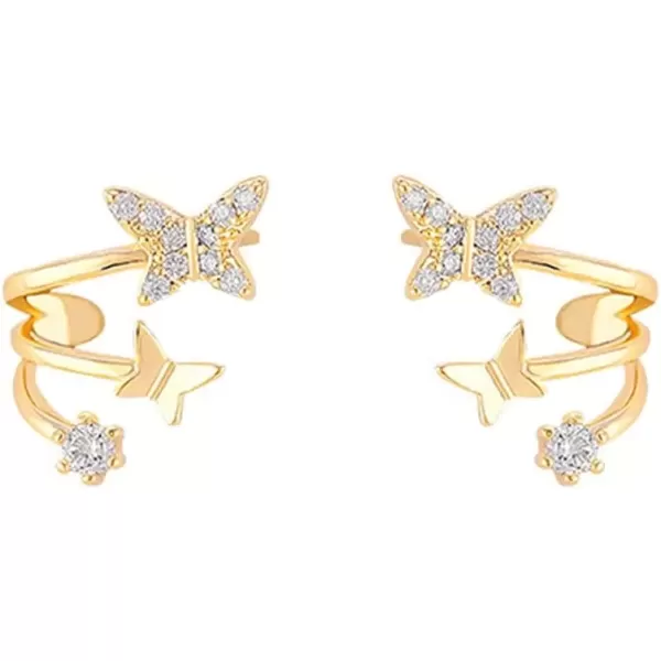 imageGold Butterfly Non Piercing Ear Cuff Wrap Earrings for Women Cubic Zirconia Dainty 3 Layered Huggie Cartilage Clip on Earring Nickel Free Birthday Party Jewelry Gift