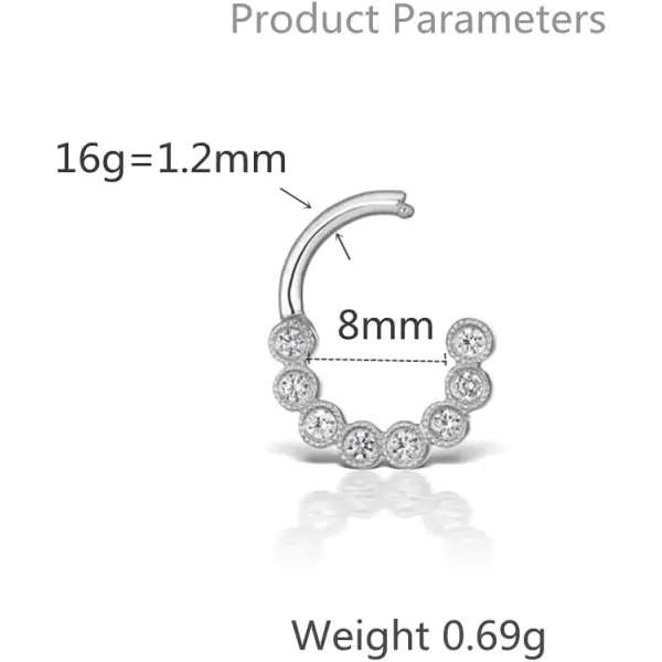 image16G Sterling Silver Piercing Nose Ring Bezel Cubic Zirconia Septum Hinged Segment Daith 8mm Small Hoop for Women CZ Cartilage Tragus Stud Earring Hypoallergenic Body Pierced Jewelry 1 Piece