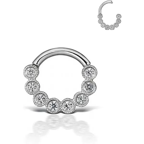 image16G Sterling Silver Piercing Nose Ring Bezel Cubic Zirconia Septum Hinged Segment Daith 8mm Small Hoop for Women CZ Cartilage Tragus Stud Earring Hypoallergenic Body Pierced Jewelry 1 Piece