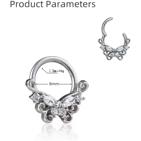 imageDtja 16G Flower Butterfly CZ Nose Ring Surgical Steel Septum Jewelry for Women Crystal Hypoallergenic Hinged Segment Body Piercing Nose Hoop Rings Helix Ear Cartilage Rook Earrings 8mm 1 Piece