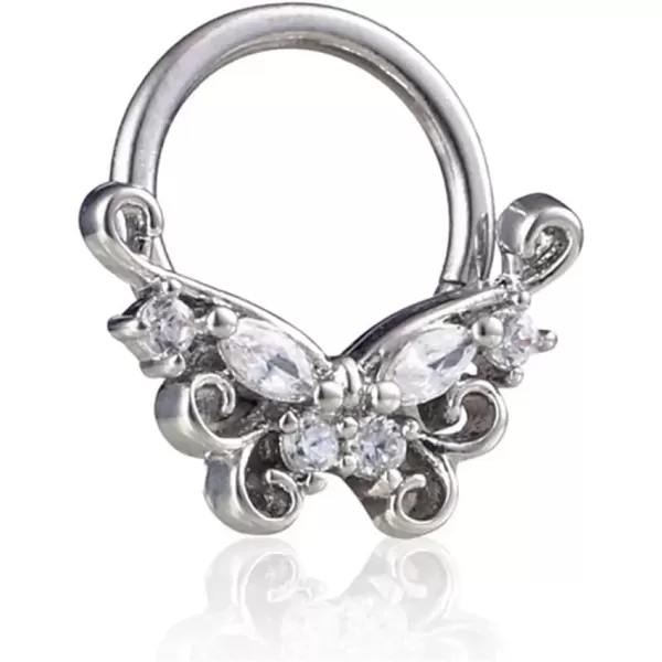 imageDtja 16G Flower Butterfly CZ Nose Ring Surgical Steel Septum Jewelry for Women Crystal Hypoallergenic Hinged Segment Body Piercing Nose Hoop Rings Helix Ear Cartilage Rook Earrings 8mm 1 Piece