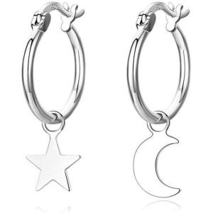imageAsymmetrical Star Moon Dangle Hoop Earrings for Women S925 Sterling Silver Charms Tiny Star Crescent Moon Drop Dangling Polished Cartilage Leverback Earrings Cute Jewelry